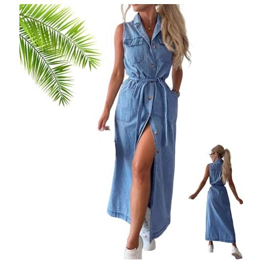 Generisch abito da donna a bavero lungo senza maniche in denim con lacci, 2025 estivo, casual, con bottoni, linea a, swing, jeans con tasche, blu, m