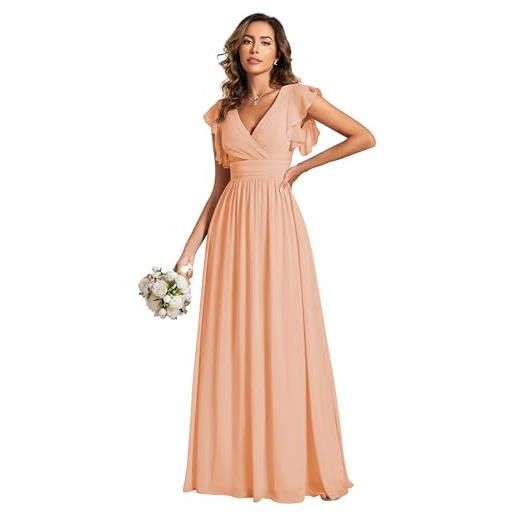 Ever-Pretty abito donna sera con schiena scoperta maniche arricciati chiffon scollo a v pieghe abiti da damigella d'onore elegante rosa 50