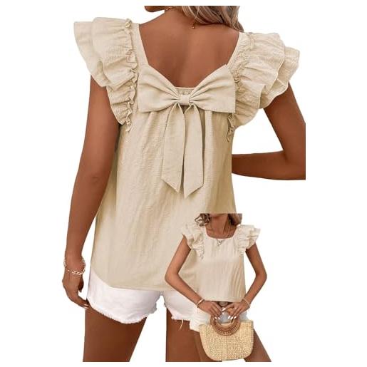 TUUHAW t-shirt da donna manica corta bluse girocollo casual elegante top | top con volant camicie con fiocco posteriore, maglietta estive maniche a balze, abbigliamento primavera camicia donna