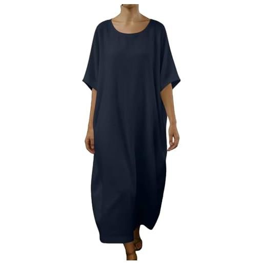 Generico vestito lino donna abiti estivi confortevoli casual abito lungo per passeggiata taglie forti comodo allentato vestito a maniche corte larghe leggeri vestiti tinta unita morbido estate mare