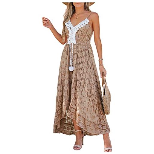 Cupshe, abito da donna bohémien in pizzo, svasato, con scollo a v, balze e nappe, adatto per la spiaggia, marrone, m