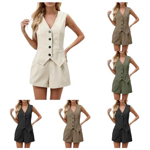 Vhersily completo a due pezzi da donna - gilet lavoro abiti estivi senza maniche con bottoni gamba larga pantaloncini - tasche blazer set corto lounge