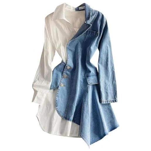 Vagbalena abito da donna a maniche lunghe con patchwork di jeans irregolare primaverile da donna abito da camicia irregolare di colore patchwork sexy abiti patchwork personalizzati (blu, m)