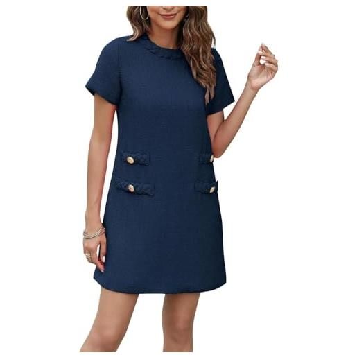BUNSLOOM abito da donna in tweed a maniche corte, scollo rotondo, linea ad a, per feste, vintage, mini abito casual