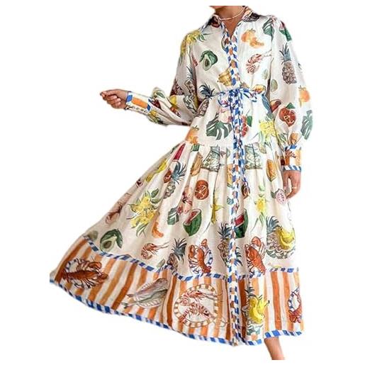 Generic nuovo vestito ampio da donna estivo con maniche a sbuffo, stampa casual, vita alta, scollo a v - bianco - xl