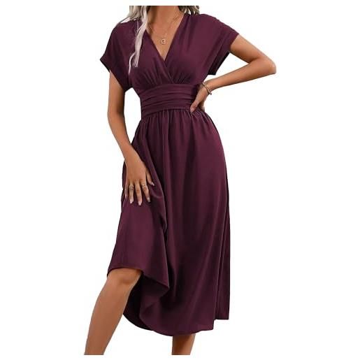 QUNERY abito donna estivo manica corta vestiti vita alta a line abiti scollo a v elegante vestito estivi lunghi casual abito spiaggia vino rosso m