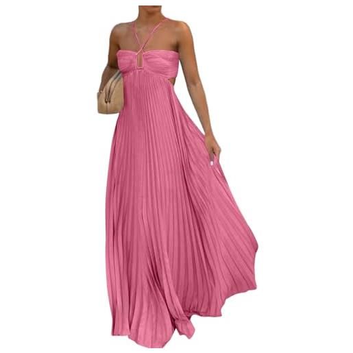 TOFOTL vestiti donna lungi abito casual cerimonia maxi plissettato con spalle scoperte senza maniche estivo schiena scoperta spalline sottili eleganti rosa l