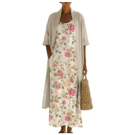Generico completo donna elegante - taglie forti set vestito e cardigan coordinato abito estivo spolverino boho vintage cotone e lino leggero fresco cerimonia matrimonio vacanza abiti lunghi