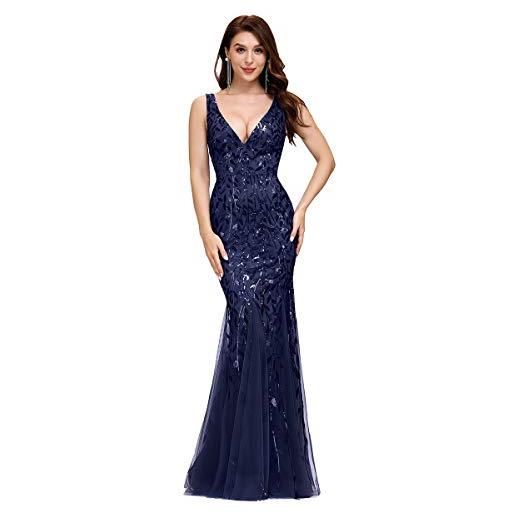 Ever-Pretty abito da sera donna sirena paillettes tulle petto basso scollo a v senza maniche stile impero blu navy 42