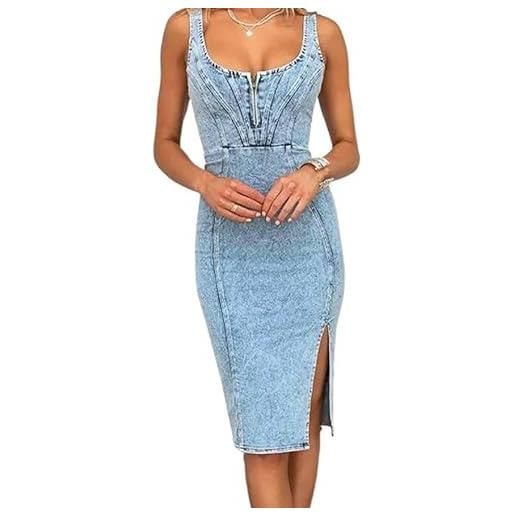 Placitiume abito da donna senza maniche in denim con spacco laterale aderente midi jean dress 2024, blu, m
