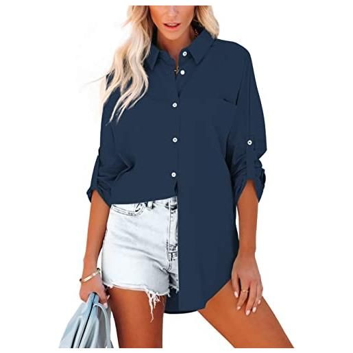Homlan camicia da donna in cotone, a maniche lunghe, arrotolabile, elegante, casual, con bottoni, tinta unita, a maniche lunghe, con tasche sul petto