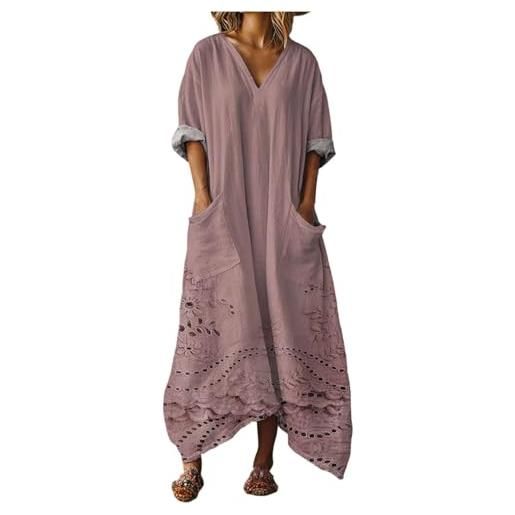 Mfhmom vestito donna estivo lungo in cotone e lino abito boho chic con grandi tasche scollo a v manica corta ampio traspirante casual vestiti lunghi estivi donna leggero mare