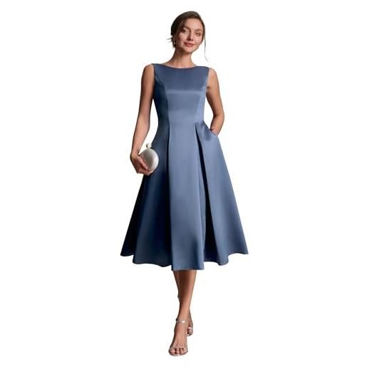 Ever-Pretty vestito donna elegante collo a barchetta senzamaniche satin midi gonna a ruota denim blu 42