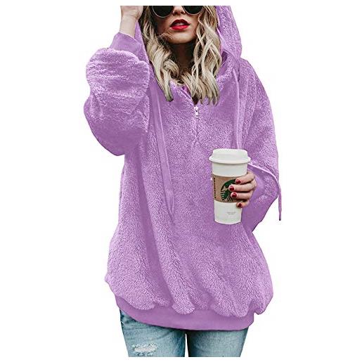 iWoo - felpa da donna con cappuccio in pile teddy, per autunno, inverno, calda, a maniche lunghe, tinta unita, casual
