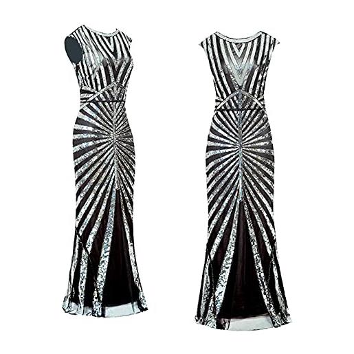 KBOPLEMQ abito da donna gatsby charleston da sera con paillettes, lungo, anni 1920, abito da cocktail flapper, in tulle, abito da ballo 1920 retrò stile cocktail flapper, o argento, l