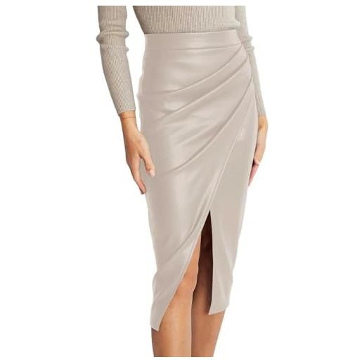 Generic gonna longuette da donna in finta pelle, a vita alta, con spacco frontale, cerniera posteriore, increspata, aderente