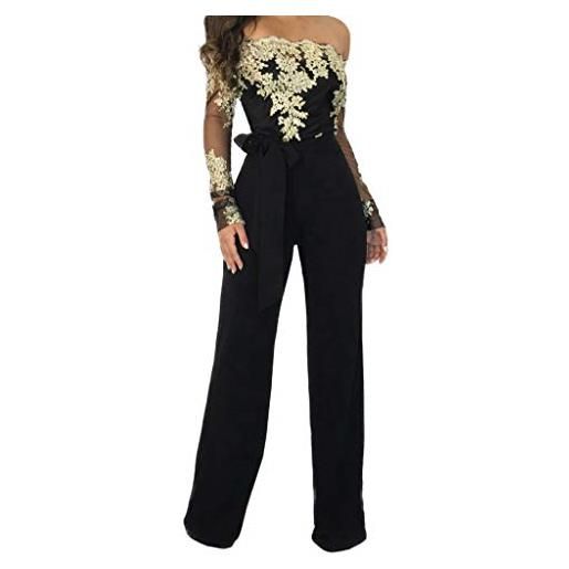Generic tuta intera da donna, sexy, elegante, in pizzo, primavera, estate, skinny, a maniche lunghe, in pizzo, con cintura, body sexy, a vita alta