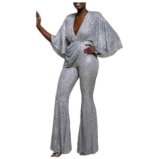 Yekdmxop tuta intera donna elegante tute donna eleganti con paillettes jumpsuit donna brillantini sexy tailleur con schiena scoperta vita alta cerimonia overall pantalone maniche lunghe scollo a v playsuit
