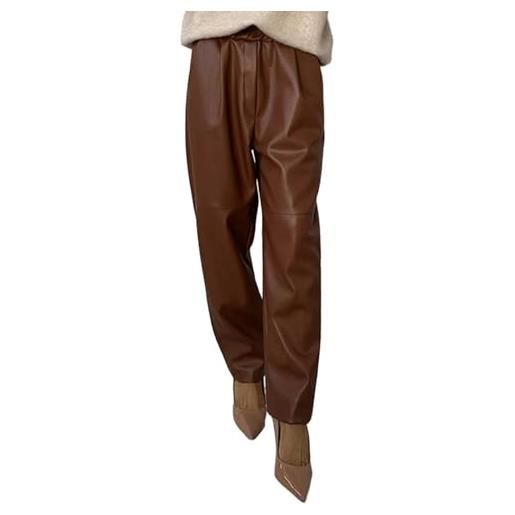 KBOPLEMQ pantaloni in pelle da donna a gamba dritta larga, pantaloni a gamba larga a zampa di elefante a vita alta con tasca per feste in similpelle pu, o marrone, s