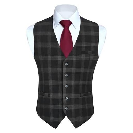 HISDERN gilet da uomo grigio scuro scozzese panciotto uomo in cotone senza maniche classico matrimonio festa a quadri gilets con tasche 2xl