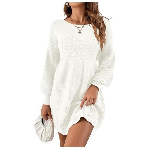 Saodimallsu vestito da donna in maglia vita snellita mini elegante, bianco, s