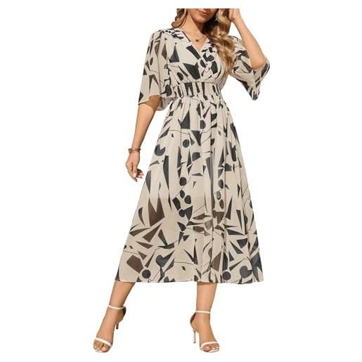 PASUDA abiti donna estivi vestiti manica corta vestito lungo elegante scollo a v boho stampa floreale elastico a vita alta abito da mare spiaggia casual cocktail party (quadrati beige, s)