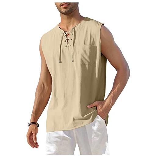 KUYIGO henley - gilet da uomo in cotone e lino, camicia casual con lacci da spiaggia hippie tops, cachi. , s