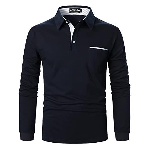 APAELEA polo uomo manica lunga polo collare strisce cotone golf tennis t-shirt top, marina, xxl