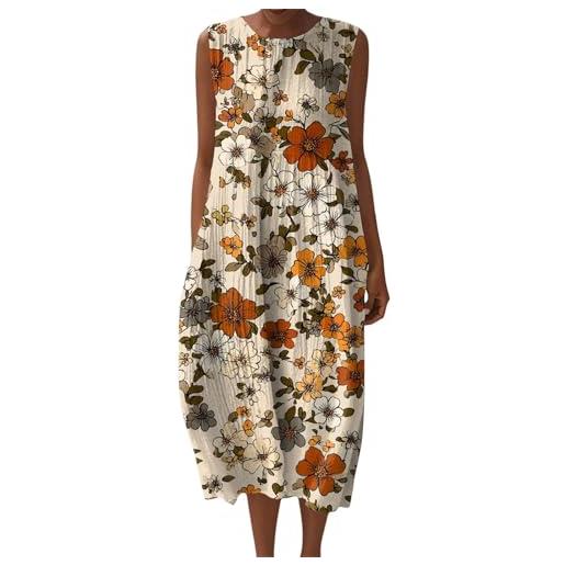 Generico vestito lino donna estivo elegante floreale prendisole girocollo senza maniche con tasche copricostume mare spiaggia taglie forti comode curvy moda bohemien 2026 chic leggero fresco