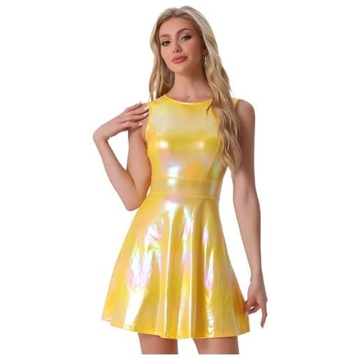 Allegra K vestito corto effeto metallizzato donna abito vita alta senza maniche svasato con cerniera invisibile per appuntamenti night club giallo s