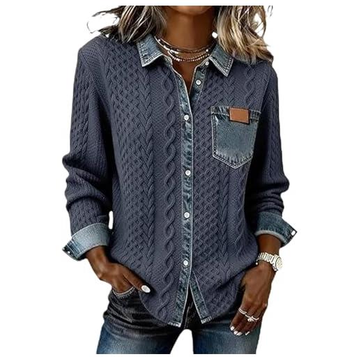 Generic maglione lavorato a maglia da donna con colletto in denim, oversize vintage, patchwork con bottoni, maglioni a maglia a maniche lunghe a nido d'ape