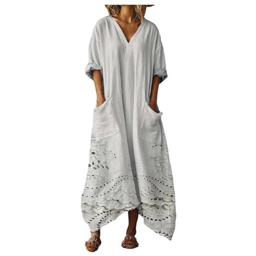 Mfhmom vestito donna estivo lungo in cotone e lino abito boho chic con grandi tasche scollo a v manica corta ampio traspirante casual vestiti lunghi estivi donna leggero mare