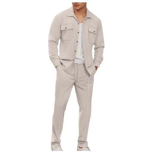 Generisch set da uomo in maglia a maniche lunghe e pantaloni, abbigliamento da lavoro casual, due tasche, colore puro, outfit, comodo, elegante, cachi, m