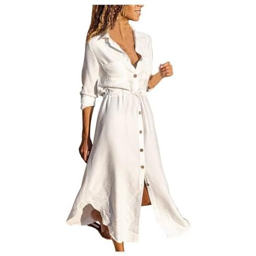 Generic vestiti donna eleganti da cerimonia - vestito chemisier donna in cotone lino tinta unita, abito camicia lungo con bottoni, colletto risvolto, coulisse vita, maniche lunghe casual estivo