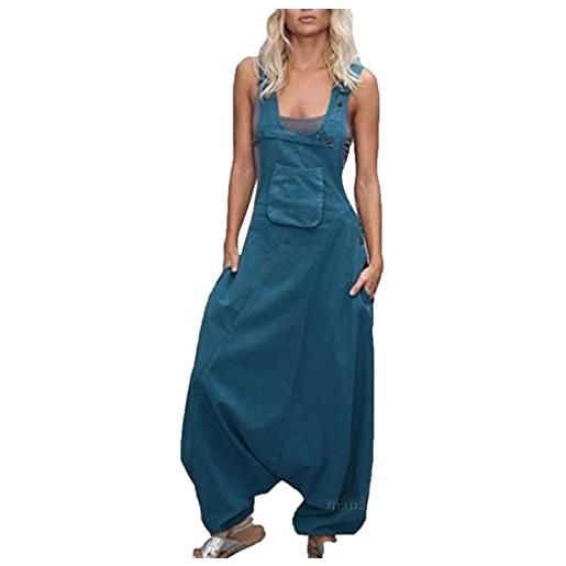 Suncolour salopette da donna in cotone e lino con bretelle tuta pantaloni con bretelle pantaloni a gamba larga taglie forti