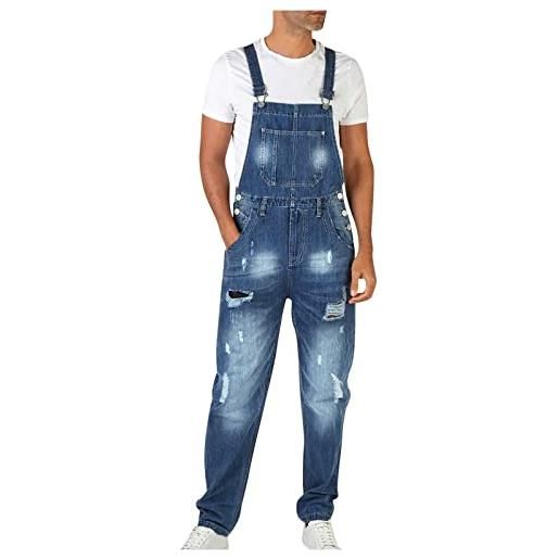 Generico 2024 salopette da uomo jeans in denim casual taglie forti cotone pantaloni strappati uomo in tinta unita salopette uomo jeans slim fit con tasche moda multi tasche jumpsuit da lavoro con bretelle