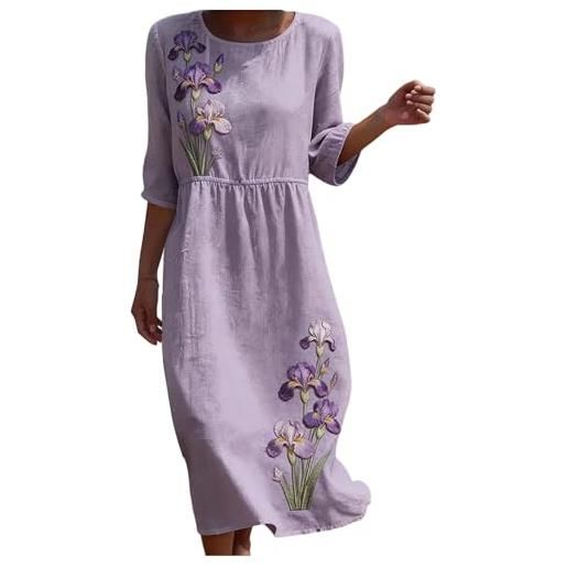 Gienslru vestito in lino donna estivo elegante lungo boho chic in lino effetto 3/4 manich abito maxi floreale vintage con tasche e comodo per mare vacanza primavera estate taglie forti curvy