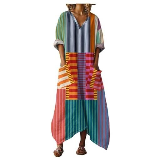 Gienslru abito lungo donna boho mare vestito estivi lunghi chic in lino effetto scollo a v maniche a 3/4 maxi vestiti con tasche e comodo kaftan per mare vacanza estate taglie forti curvy copricostume