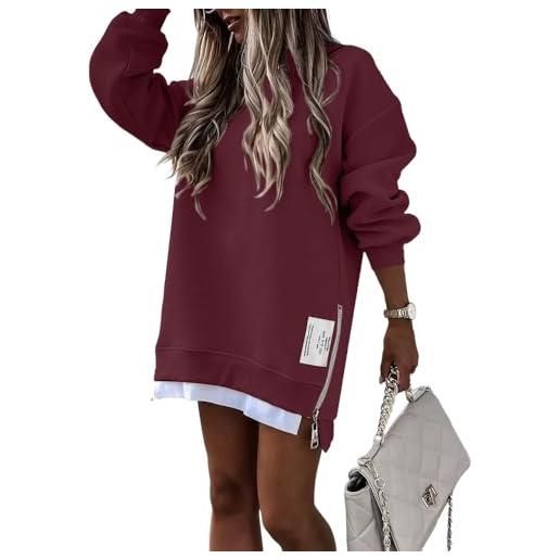 ThiCc abito da donna oversize in felpa, casual, girocollo, a maniche lunghe, con cerniera, spacchi laterali, comodo, vestibilità ampia, mini abito alla moda, abbigliamento quotidiano