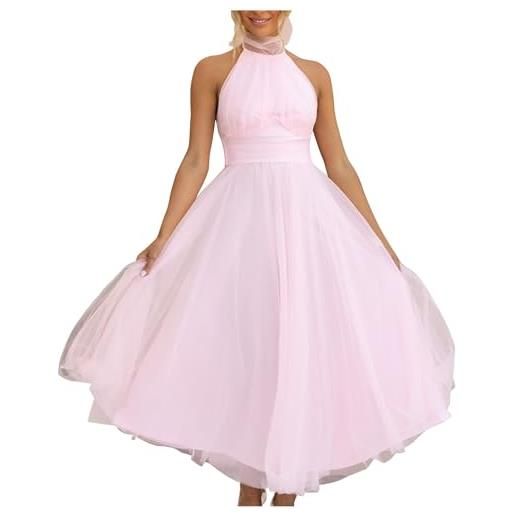 Masrin abito da sera da donna, elegante, in tulle, senza maniche, con allacciatura al collo, lunghezza alla caviglia, maxi abito da cocktail, abito a rete, collo alto, abito da ballo, colore: rosa. , m