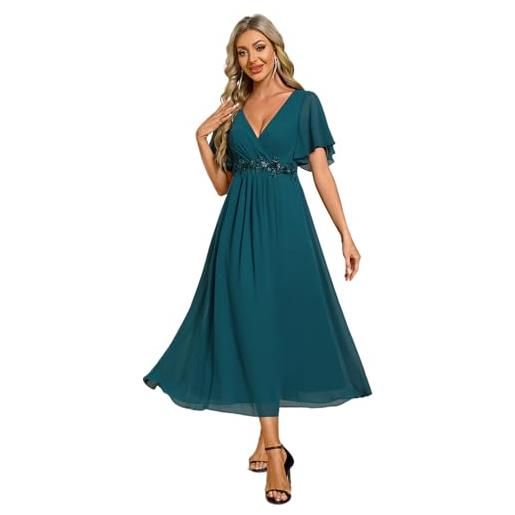 Ever-Pretty vestito donna elegante abito cerimonia donna con applique e collo v midi maniche a volant chiffon stile impero teal 48