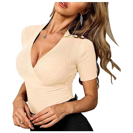 QKEPCY t shirt donna a manica corta camicetta donna crop top sexy basic top scollo a v slim t-shirt moda casual top per estive (albicocca l)