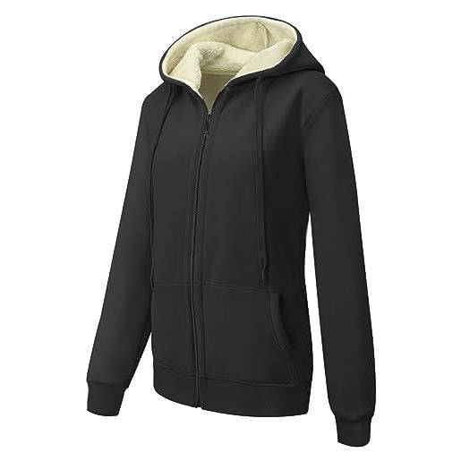 MOVE BEYOND giubbotto felpa da donna con cappuccio foderato in pile caldo giacca invernale a maniche lunghe con zip hoodie casual monocolore, nero, m