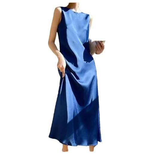 Generic abito lungo da donna in raso con bretelle, scollo rotondo, senza maniche, vestibilità svasata, blu, xxl