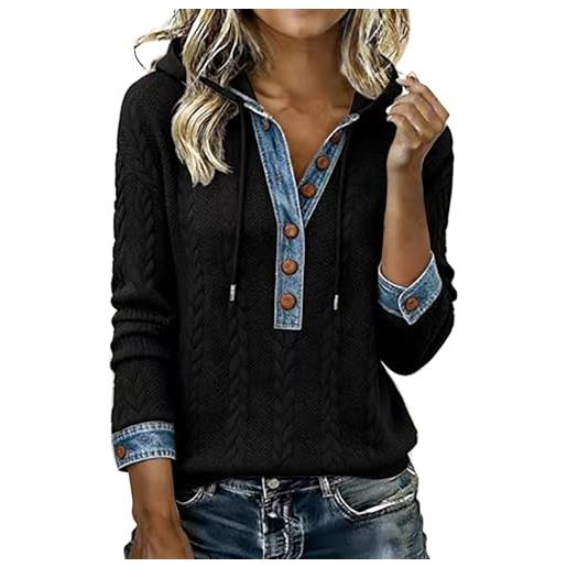 Generic felpe con cappuccio da donna in denim patchwork vintage con collo a polo maglioni a maglia con bottoni in denim pullover a maglia grossa maglioni primaverili per uscire top cuciture felpa con