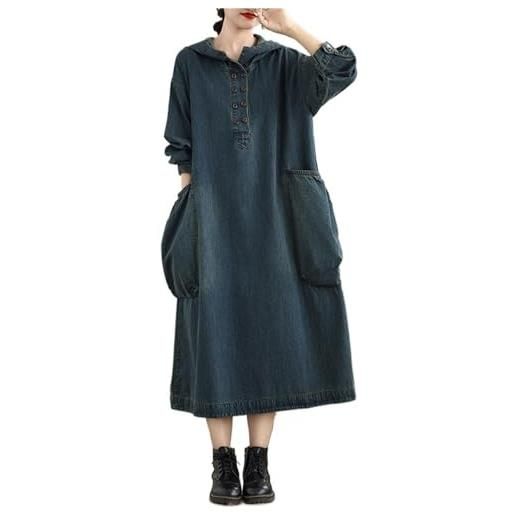 GHAKKE 2025 vestito midi oversize con cappuccio casual a maniche dress lunghe in denim lavato da donna vestibilità ampia, con grandi tasche(m)
