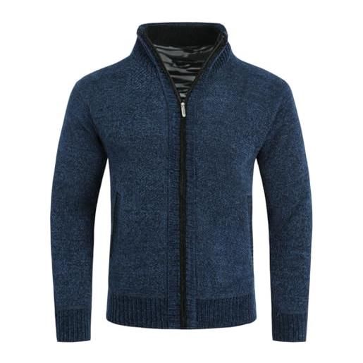 Allthemen cardigan da uomo spesso con collo alto e cerniera lavorato a maglia sweater con maniche lunghe in lana e cotone blu s