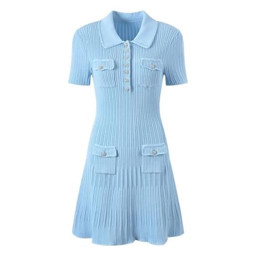 OWEIEYEU abito da donna con colletto rovesciato, stile vintage, a maniche corte, con paillettes, lavorato a maglia, abito corto a balze, blu, m