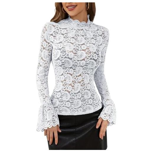 Goolecrimp camicetta elegante e sexy in pizzo da donna camicetta trasparente con colletto alla moda e maniche a lanterna top versatili aderenti e alla moda casual da strada