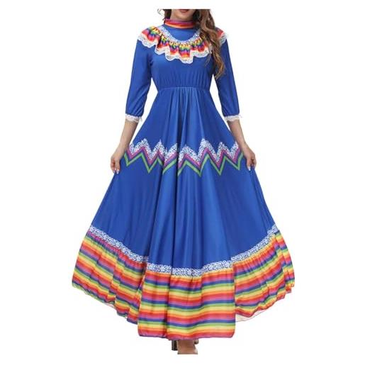 Generisch abito estivo da donna, stile bohémien, per il tempo libero, 5 maggio, festival messicano, celebrazione, abito da ballo lungo e largo, abito da spettacolo sul palcoscenico, blu, s